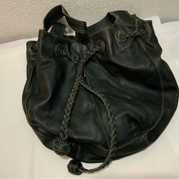 Fossil Black Leather Bucket Bag Braided Drawstring Shoulder Strap white stitches - Picture 14 of 16